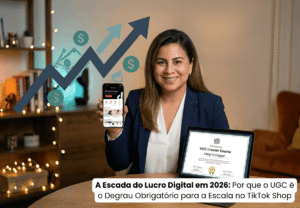 Meg Schiager segurando smartphone com TikTok Shop e laptop mostrando certificado de Criador UGC, simbolizando escala no lucro digital.
